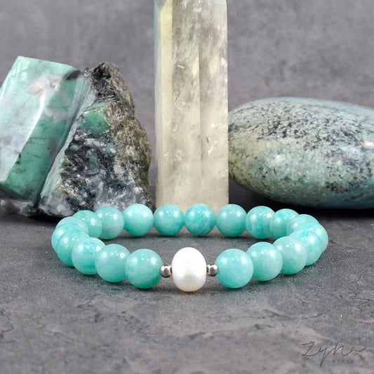 Lelkierő, akaraterő növelő, lelki egyensúlyt támogató amazonit ásvány karkötő tenyésztett gyönggyel