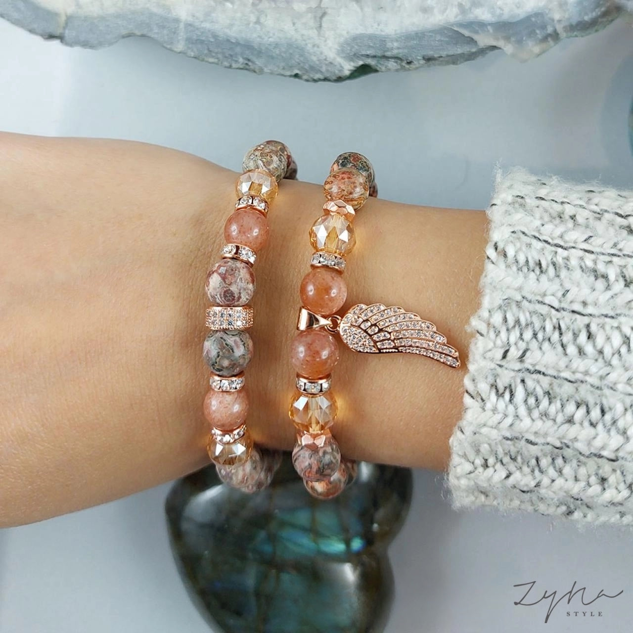 Szerencsehozó, vitalizáló ásvány karkötő szett rosegold cirkóniával