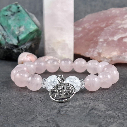 Védő, energetizáló, nyugtató rózsakvarc ásvány karkötő életfa medállal